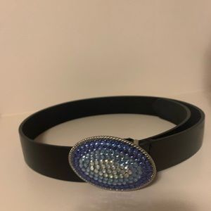 Blue/Aqua/Clear Rhinestone Buckle On Black Belt Strap